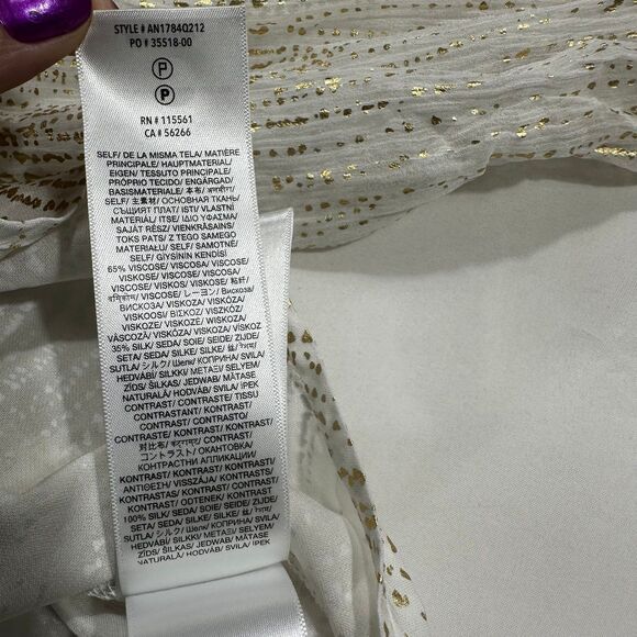 NWT 7 For All Mankind Silk Blend Tie Neck Blouse White Gold Button Down Sz Large - Picture 11 of 13